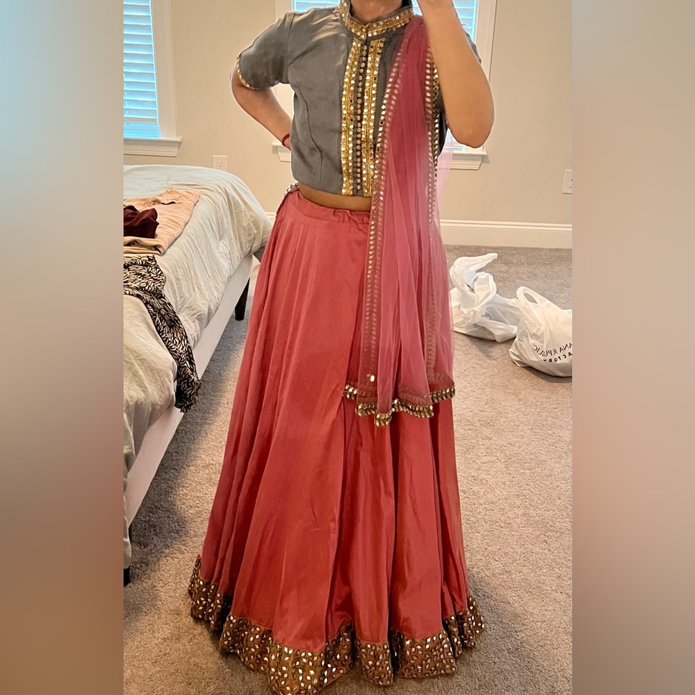 Pink/grey mirror work lehenga